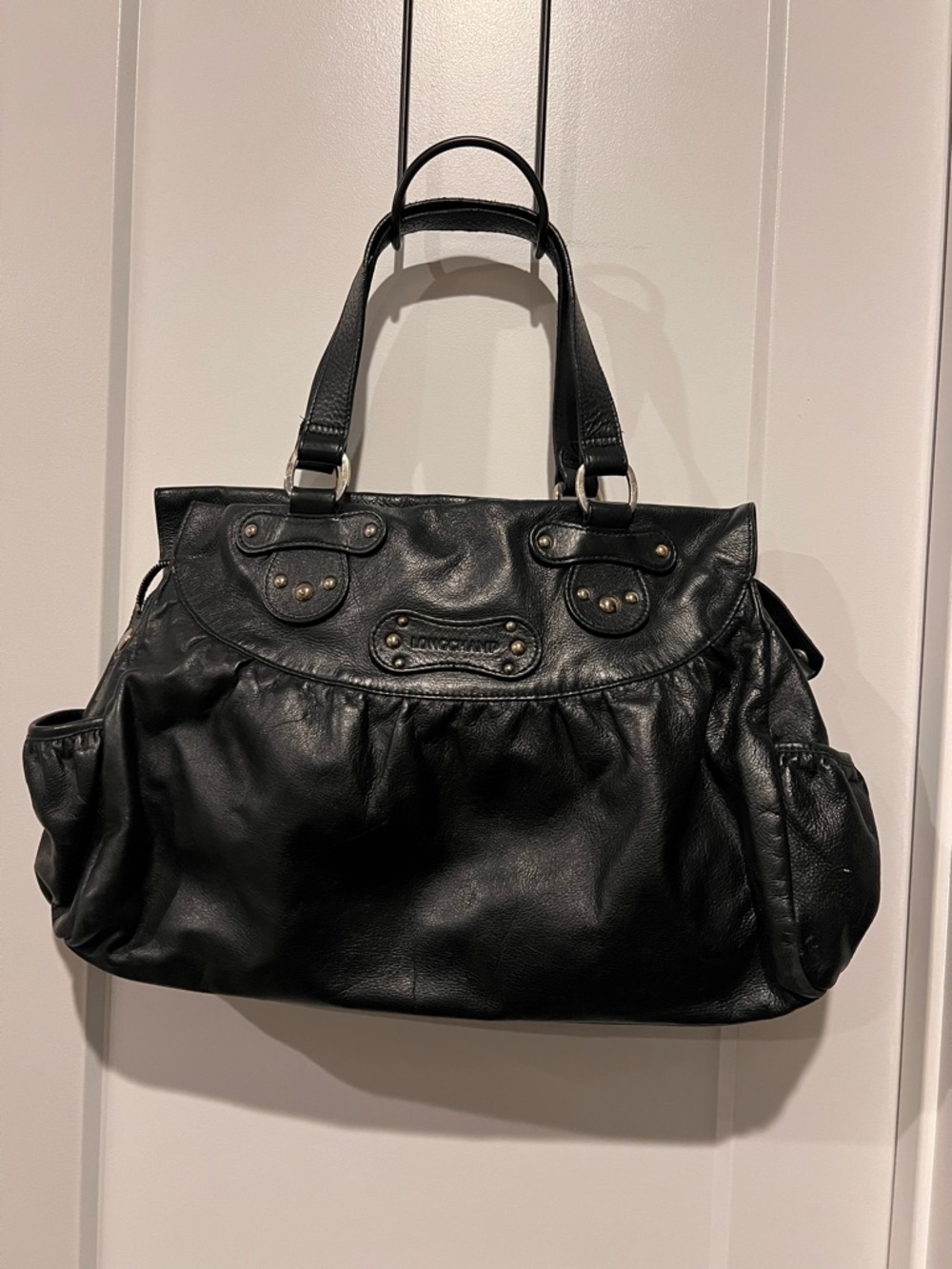 Longchamp Black Leather Shoulder Bag with Stud Accents